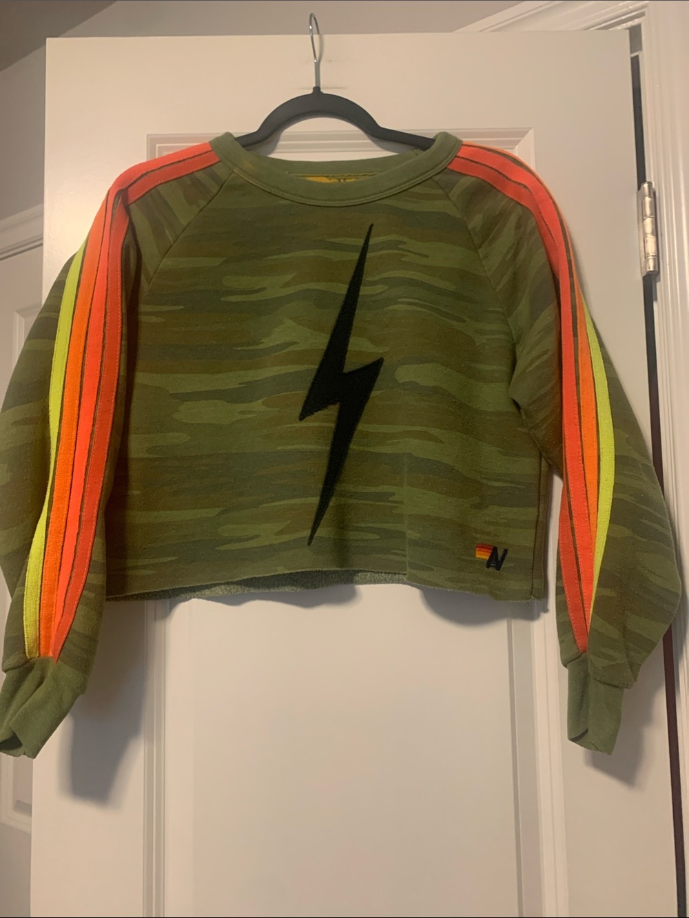 Aviator Nation Green Camo Lightning Sweatshirt w/Neon Stripes Sz XS, Flaws Noted